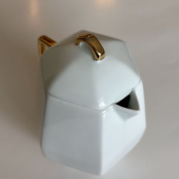 CB2 White Hexagonal Stacking Teapot Cup Gold Trim Tea For One - Picture 6 of 11